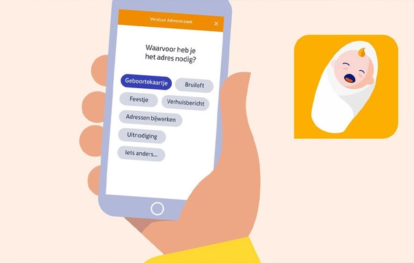 Grafische afbeelding van een mobiel met adresopties op het scherm