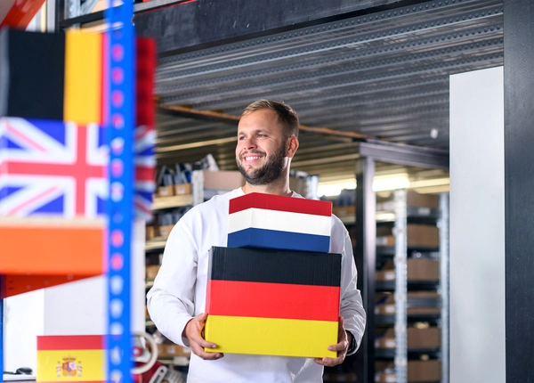 Magazijnmedewerker draagt pakketten in de kleuren van de Nederlandse en Duitse vlag